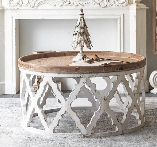 Natural wood Round Coffee Table with Carved Tray Tabletop